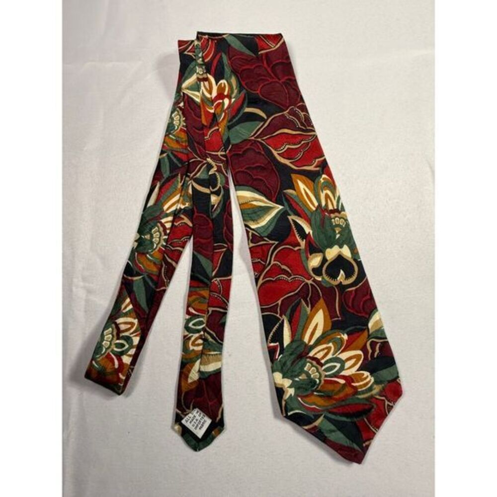 Paul Rodon Collection Floral Print Silk Tie‎ Bold Red Green Gold Vintage Style